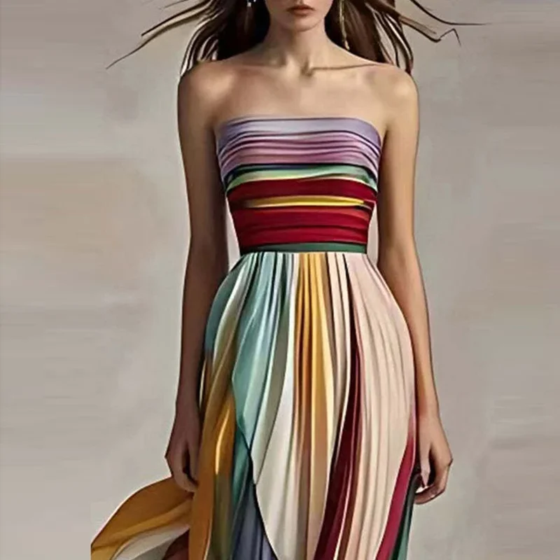 Elegant Sexy Off Shoulder Tube Tops Colorful Stripes Maxi Dress Women Sleeveless Color Collision Wrinkles Irregular Party Dress