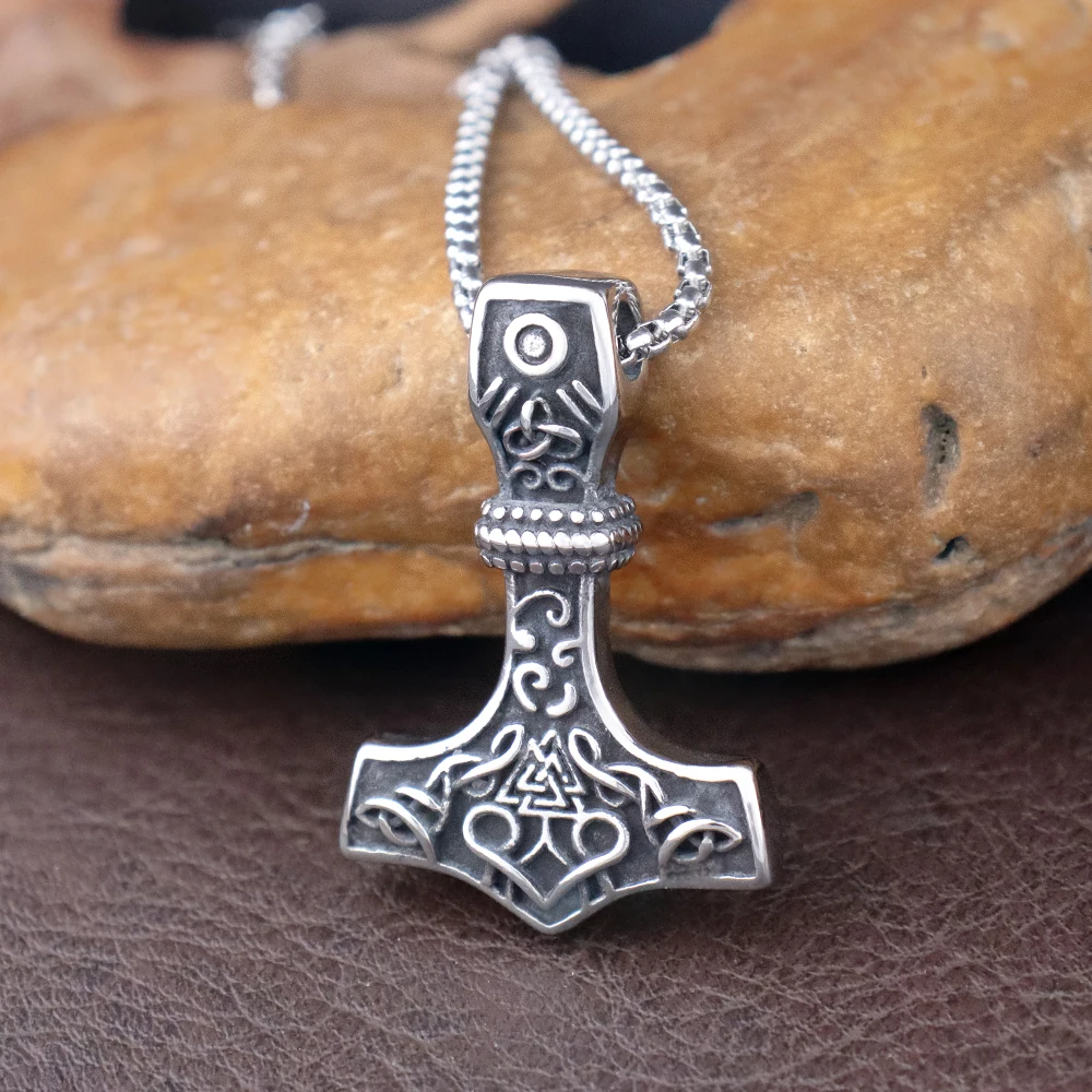 Stainless Steel Retro Viking Thor Hammer Pendant for Men Nordic The Horn of Odin Warhammer Necklace Fashion Jewelry Dropshipping