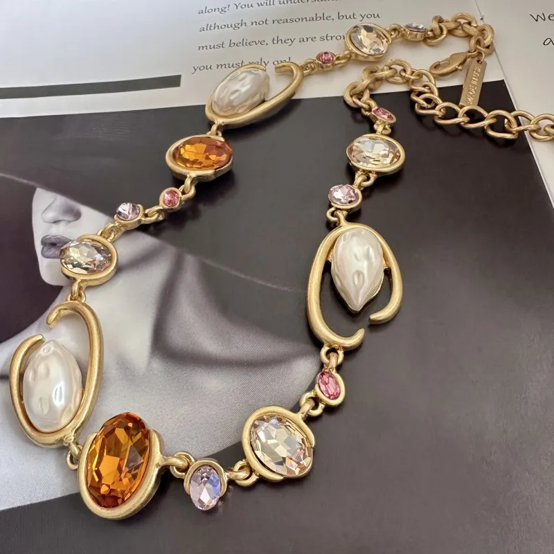 Glam O-Link Choker Rhinestone Collarbone Pendant Necklace, Long Layering Chain for Women, Sparkling Evening Party Jewelry