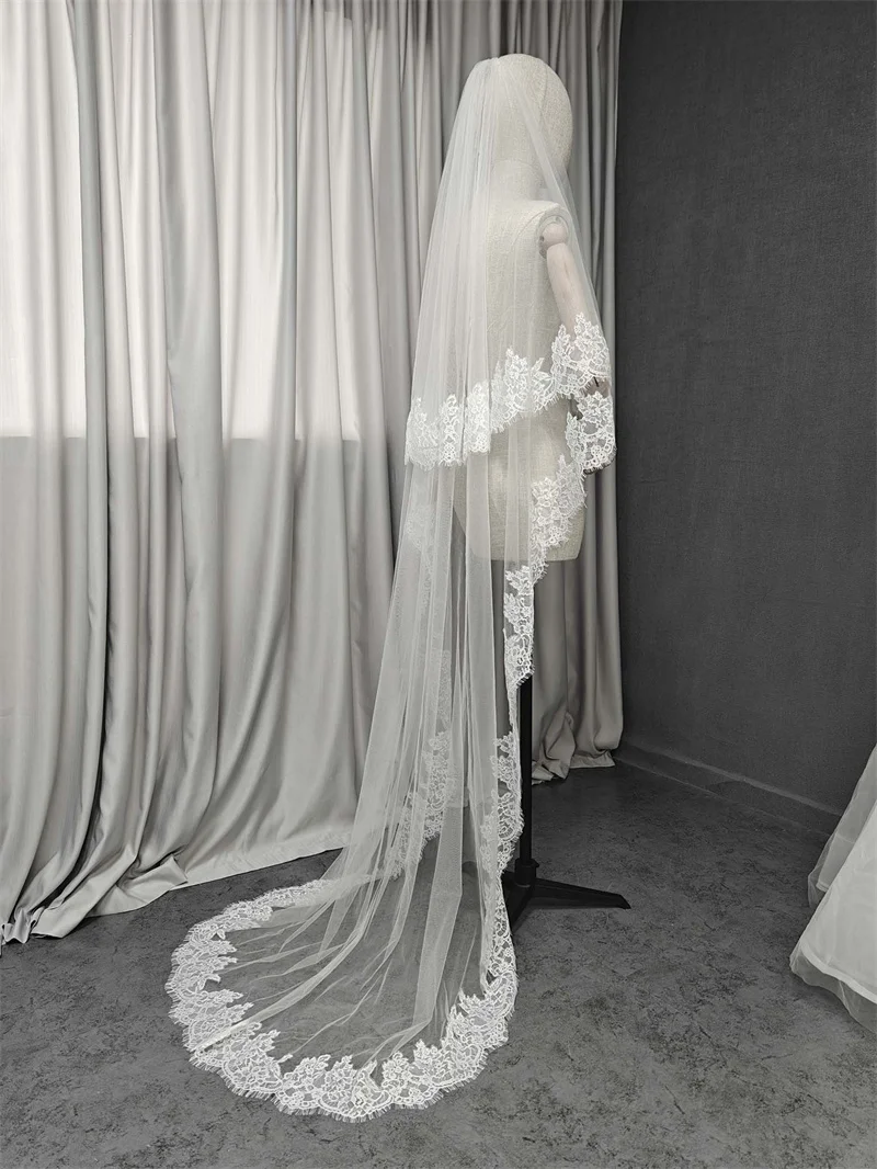 Customized 2 Layers Wedding Veil with Eyelash Lace, 1.5m/2m/2.5m/3m Bridal Veil with Blusher, 2T Eyelash Lace Veil