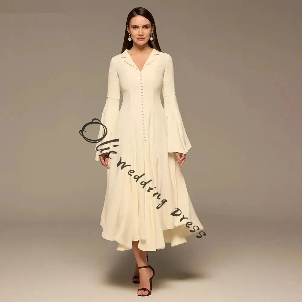 

customized Ivory Lapel Neck Button-Front Crepe Dress Long Sleeve Ankle Length Evening Dresses for Women 2026 Draped Prom Gowns
