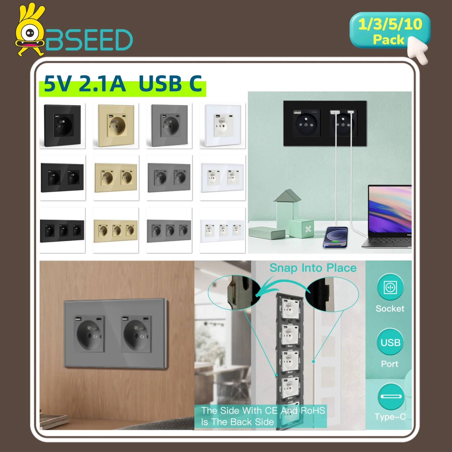 BSEED Poland Wall Sockets Single Plugs Double 5V 2.1A USB Socket Phone Charge Glass French Power Sockets Kid Protection 16A Home