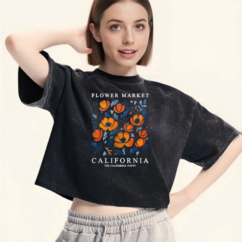 Yellow Flowers Market California Print Summer Cotton Round Neck T-shirt Washed Loose O Neck Short Sleeved Women Top