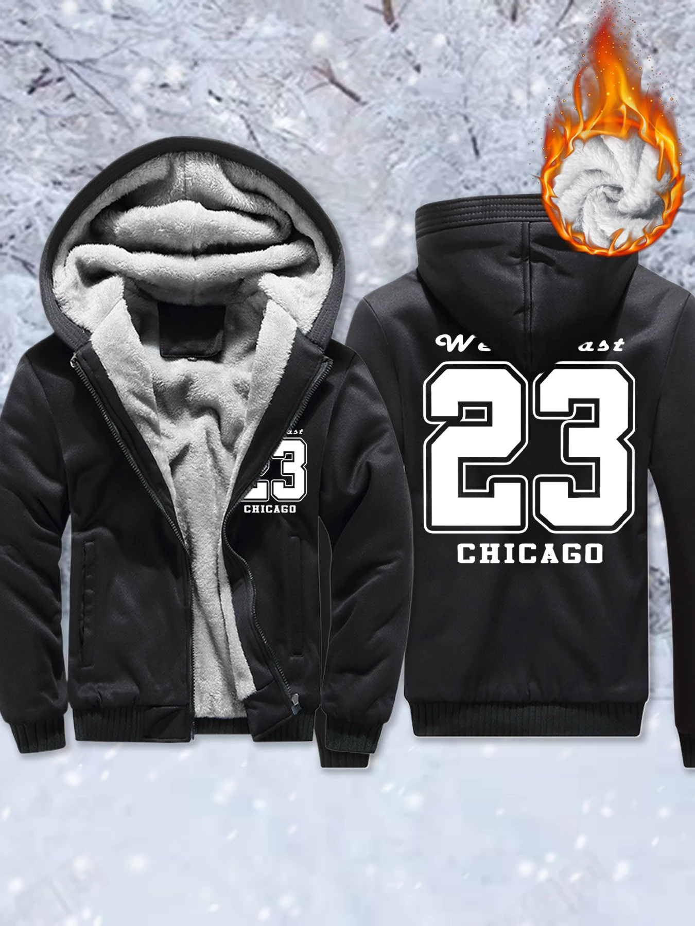 

West Coast 23 Chicago Print Men Fleece Soft Jackets Thicken Warm Outwear Winter Comfy Hoodie Zip-Up Pocket Veste Oversized Tops