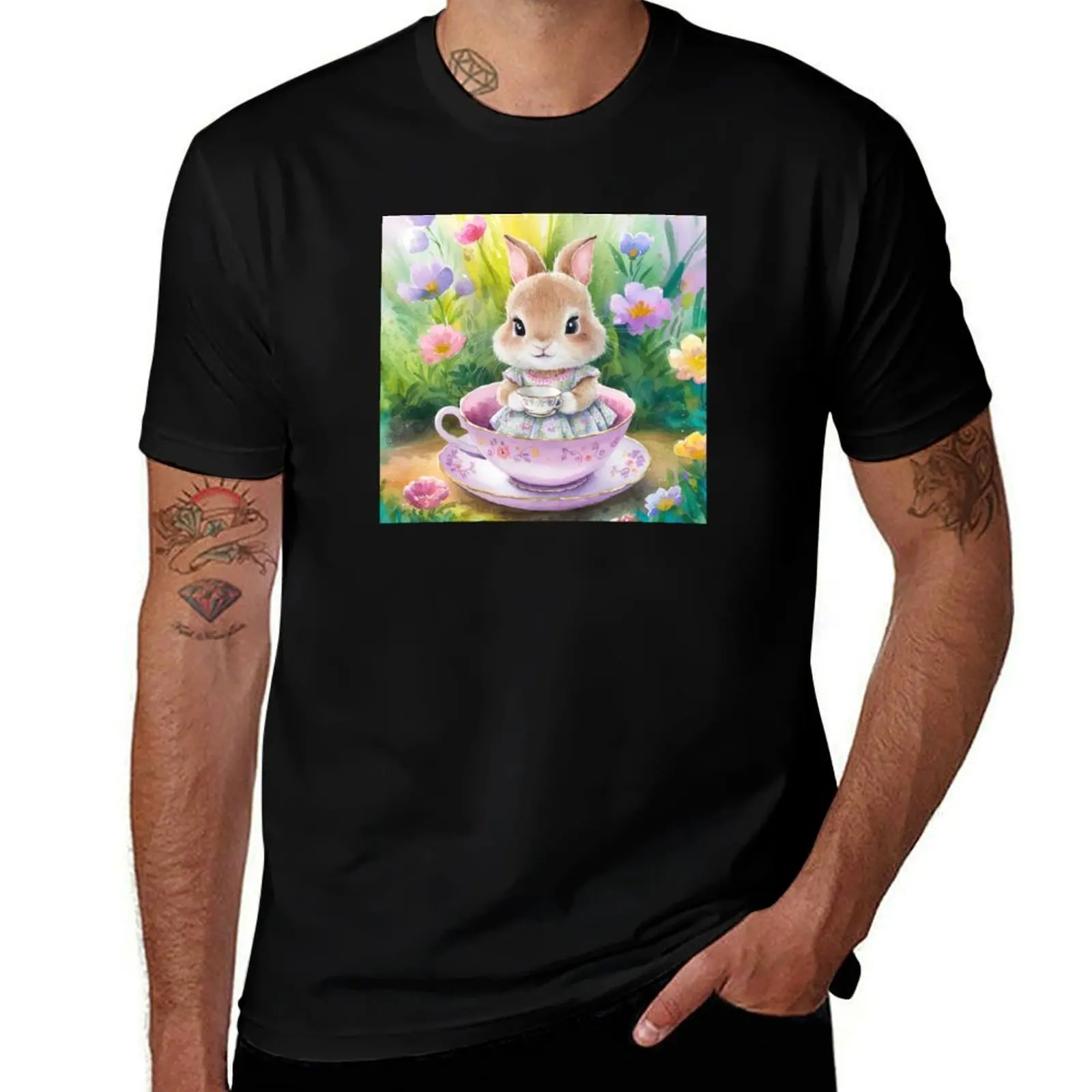 

Cute bunny sitting in a tea cup with flowers. T-Shirt vintage t shirts essential t shirt luxury t-shirt mens t shirts