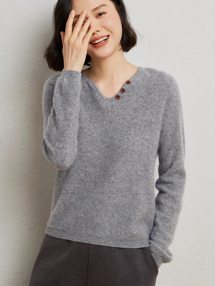 High Quality 2024 Autumn Winter Women Sweater 100% Merino Wool Solid Knitwear V-Neck Casual Pullover Long Sleeve Cashmere Cloth