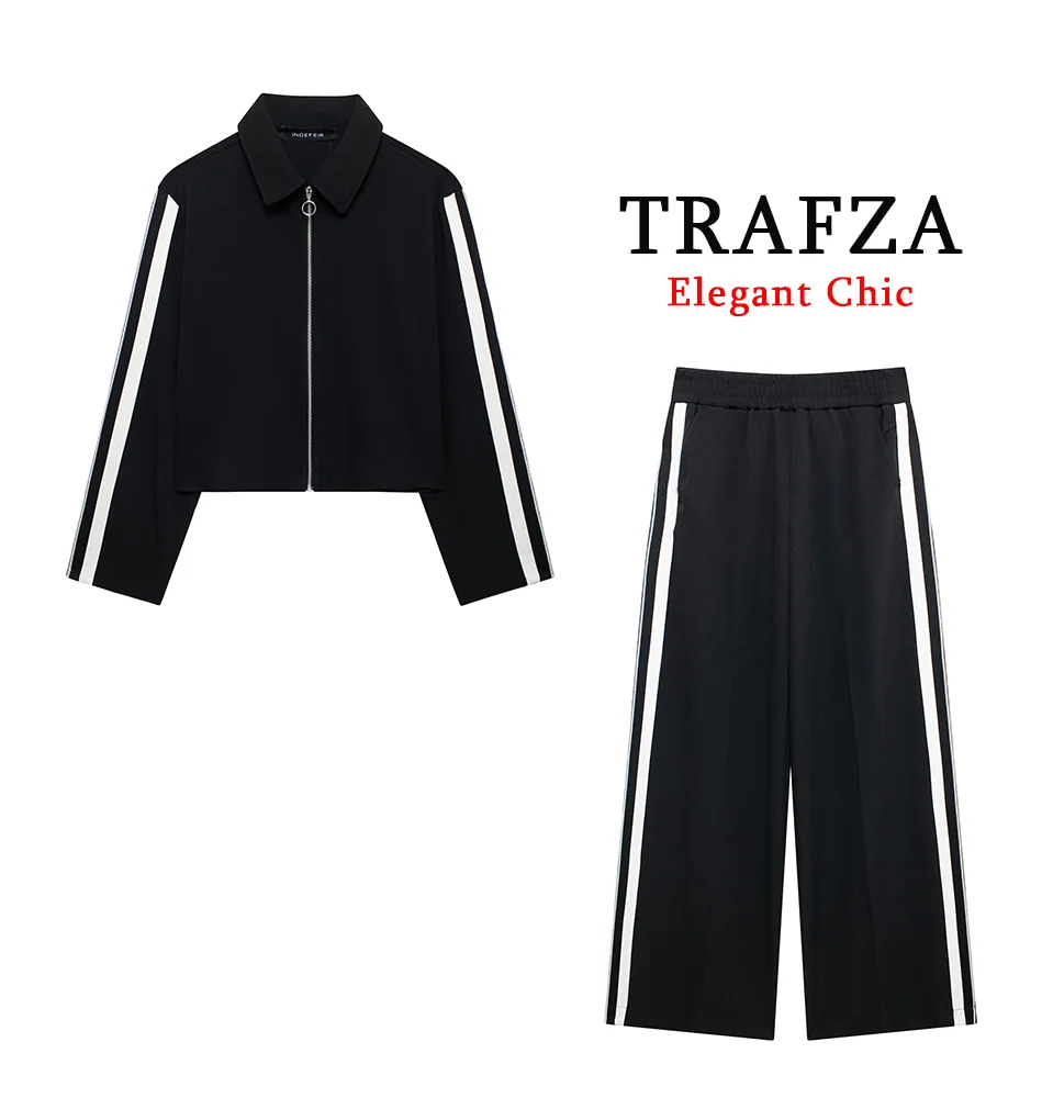 TRAFZA-Women Fashion Side Stripe Jacket Pant Set Zipper Jacket + Wide Leg Pant 2 Pieces Set New Spring Autumn Sports Style Suit