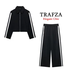 TRAFZA-Women Fashion Side Stripe Jacket Pant Set Zipper Jacket + Wide Leg Pant 2-częściowy zestaw Nowy wiosenny jesienny garnitur sportowy