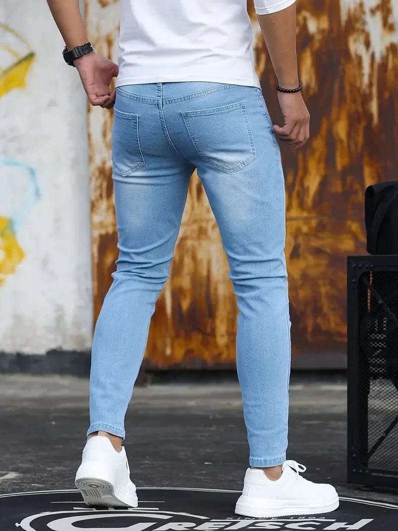 Men Jeans Skyblue Black Zipper Stretch Jeans Casual Slim Fit Trousers Male Plus Size Pencil Pants Denim Skinny Jeans for Men