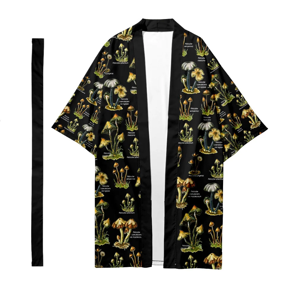 

Men's Japanese Traditional Ethnic Long Kimono Cardigan Male Samurai Kimono Mushroom Pattern Kimono Shirt Yukata Jacket