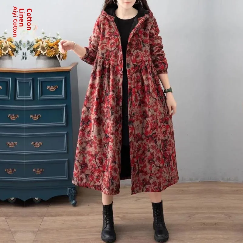 

Ethnic Sle Loose Fit Slimming Fce Lined Coat New Faionable Hooded Cotton Linen Patterned Mid-Length Outerwear