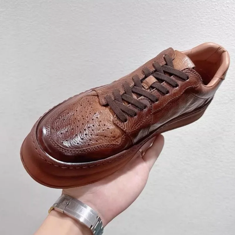 

Soft-soled Comfortable Cowhide Leather Casual Shoes Men Breathable Thick-soled Sneakers Low-cut Trainers Retro Men Shoes