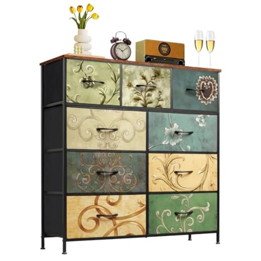 

9-Drawer Dresser for Bedroom Anti-Tip Tall Storage Organizer Chest of Drawers with Wooden Top and Metal Frame Fabric Bins for C