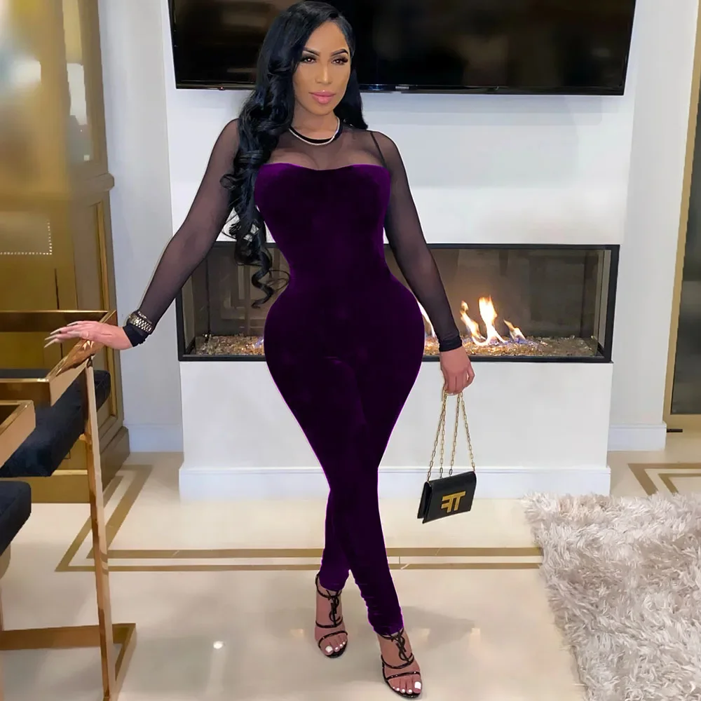 

Sexy Sheer Mesh Patchwork Velvet Jumpsuit Women Long Sleeve Skinny Rompers Womens Jumpsuit Elegant Slim Bodycon Overalls Club