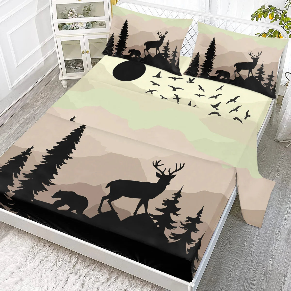 

Deer Bird Silhouette Print Sheet Set 4 Piece Extra Deep Pocket 1 Fitted Sheet, 1 Flat Sheet, 2 Pillowcases