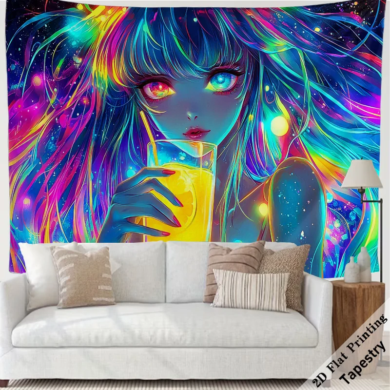 Large Anime Girl Portrait Tapestry Wall Hanging Neon Cosmic Pop Art Bohemian Style Decor 180x280cm Room Decoration