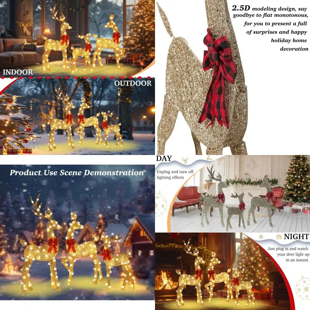

Gold Lighted Christmas Deer Decorations, 3-Piece Outdoor Holiday Reindeer Set with 145 Warm White LEDs, Suitable for Garden and