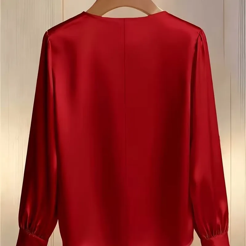 Elegant French Style Satin Pearl Collar Shirt Faux Pearls Decor Women Blouse Stain Shirt Satin Texture Pullover Tops Spring Top