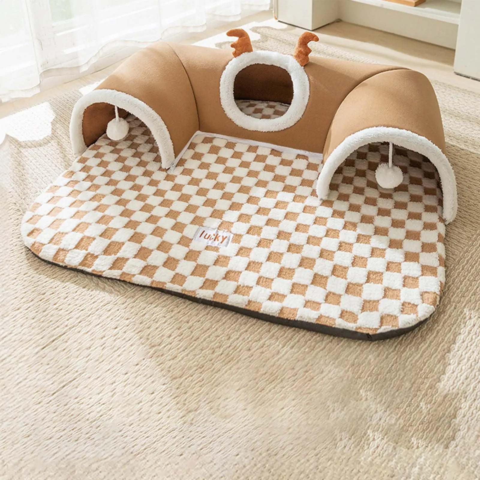 Cat Bed and Play Tunnel Warm House Tent with Plush Mat Indoor Hideaway Corner Shelter Foldable Pet Furniture for Kittens Cats