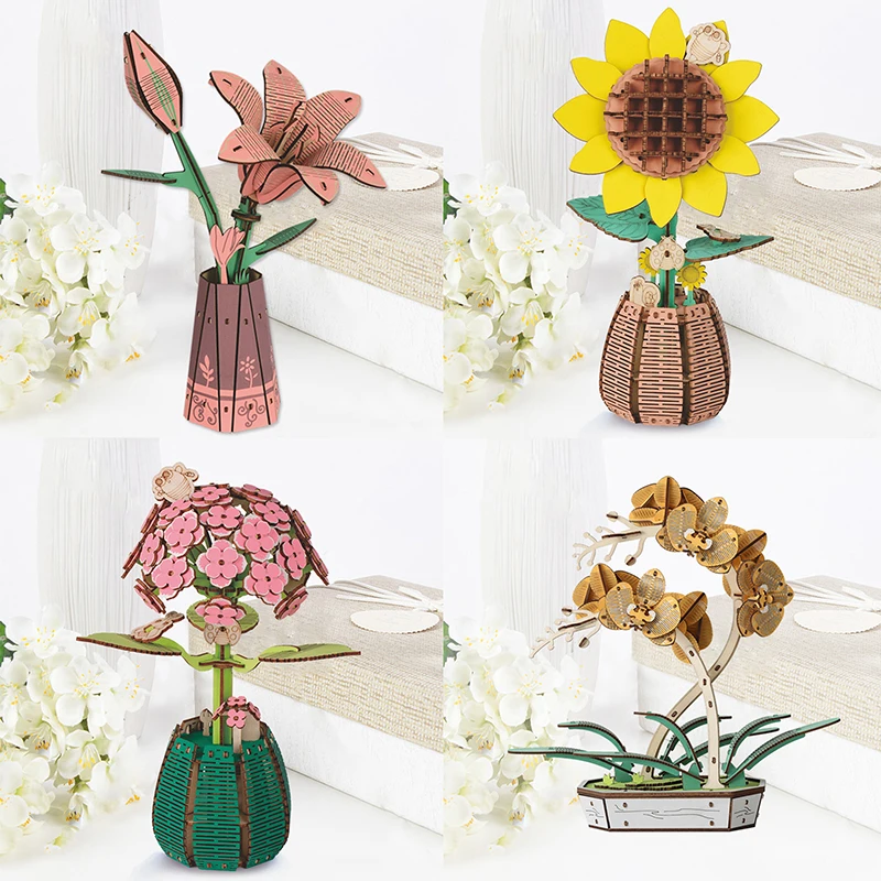 

DIY Wooden Flower Bouquet Beautiful Hand-Make Gifts Eco-friend Materials 3D Wooden Puzzle For GirlFriends Decor