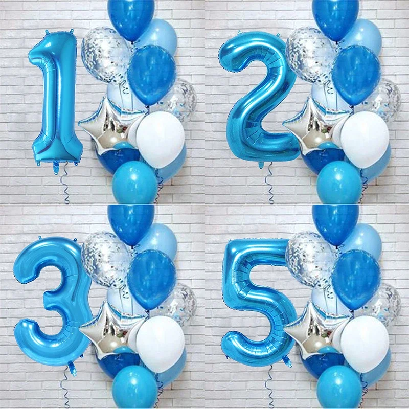 New 12Pcs/set Blue Number Foil Latex Balloons for Kids Birthday Party Decoration 1st One Year Birthday Boy Decor Baby Shower Bal