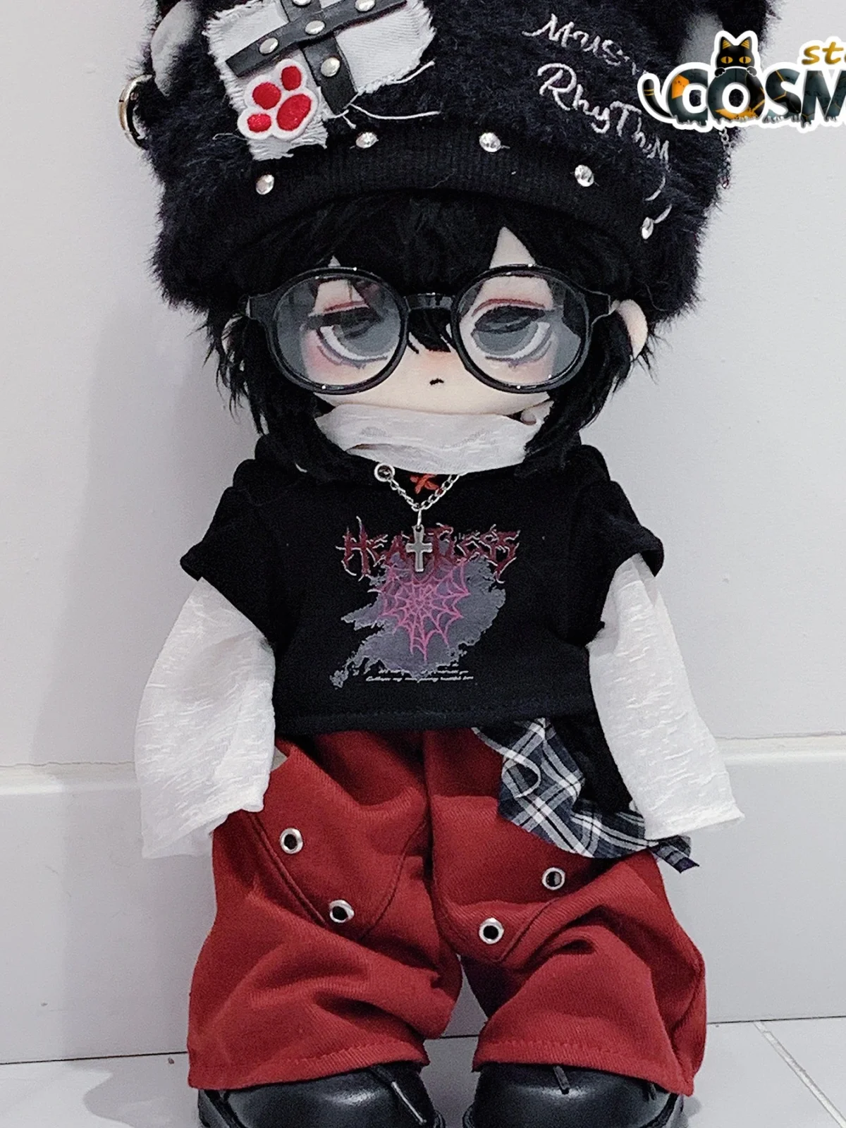 

Aug Kpop Idol Punk Cool Guy Punk Black Cat Fashion Costume Stuffed 30cm Plush Doll's Clothes Clothing Shoes Doll Accessories DJ