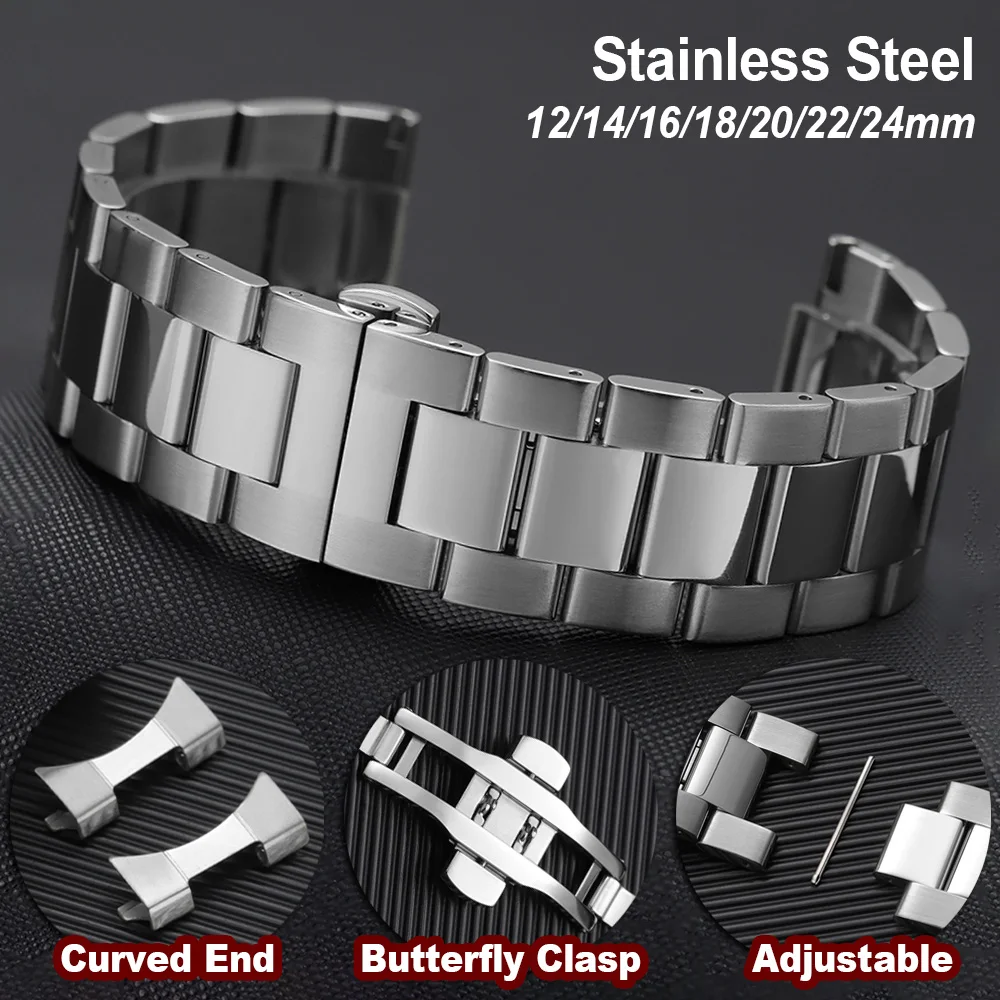 

Butterfly Buckle Solid Stainless Steel Watch Strap 12mm14mm 16mm 18mm 20mm 22mm 24mm Watch Band Curved End Men Women Bracelet