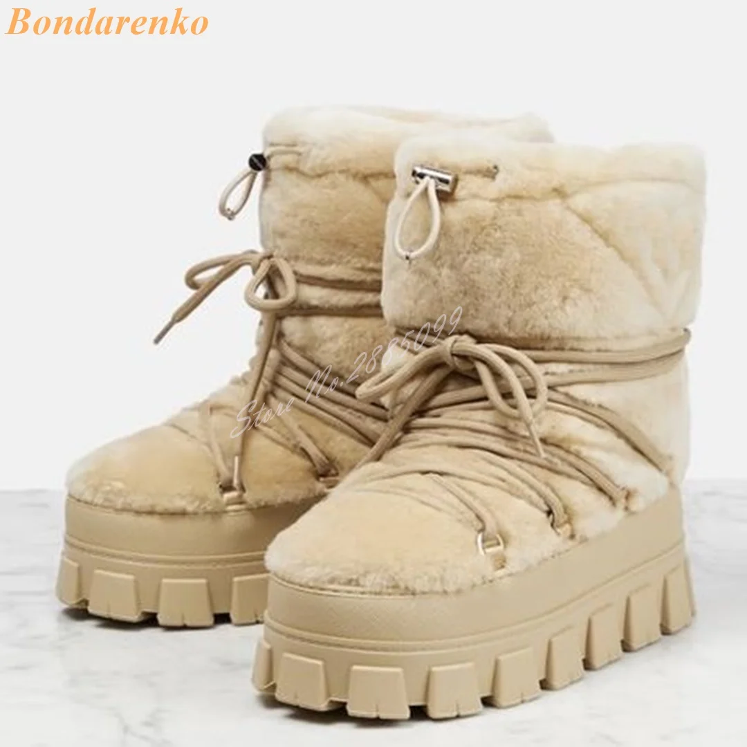 Winter Thick Sole Warm Boots Round Toe Platform Lace Up Elastic Band Solid Short Boots Leather Fur Women Shoes New Style Banquet