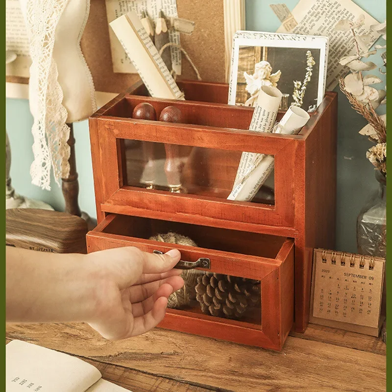 

Cosmetic Brush Storage Desk Remote Control Storage Box Desk Stationery Bucket Brush Pen Holder Antique Wooden Cabinet 쥬얼리 트레이