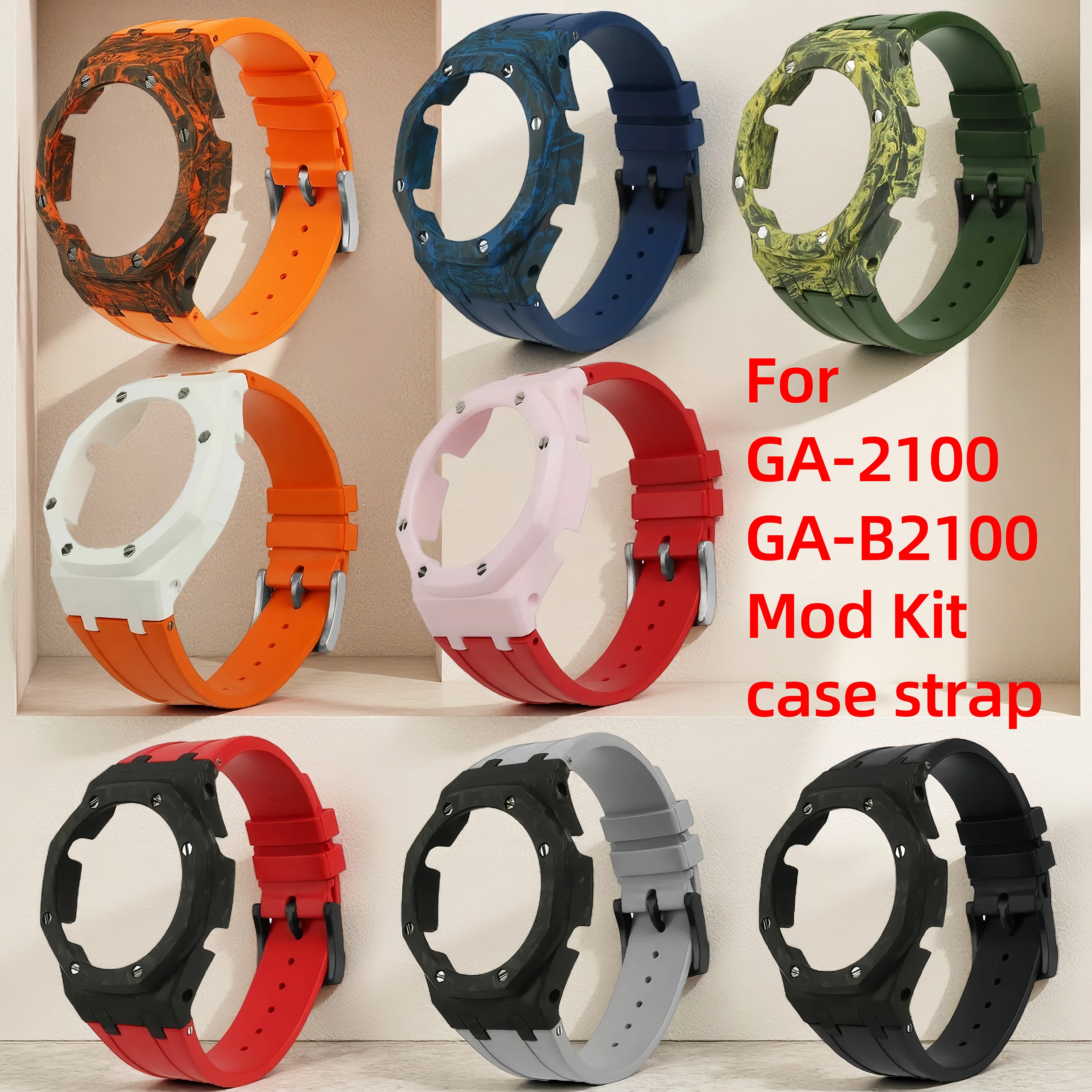

GA2100 Mod kit Fiber Carbon Case fluororubber Strap For Casio GA-2100 GA-B2100 Modified Bezel FKM rubber Watch band Men bracelet