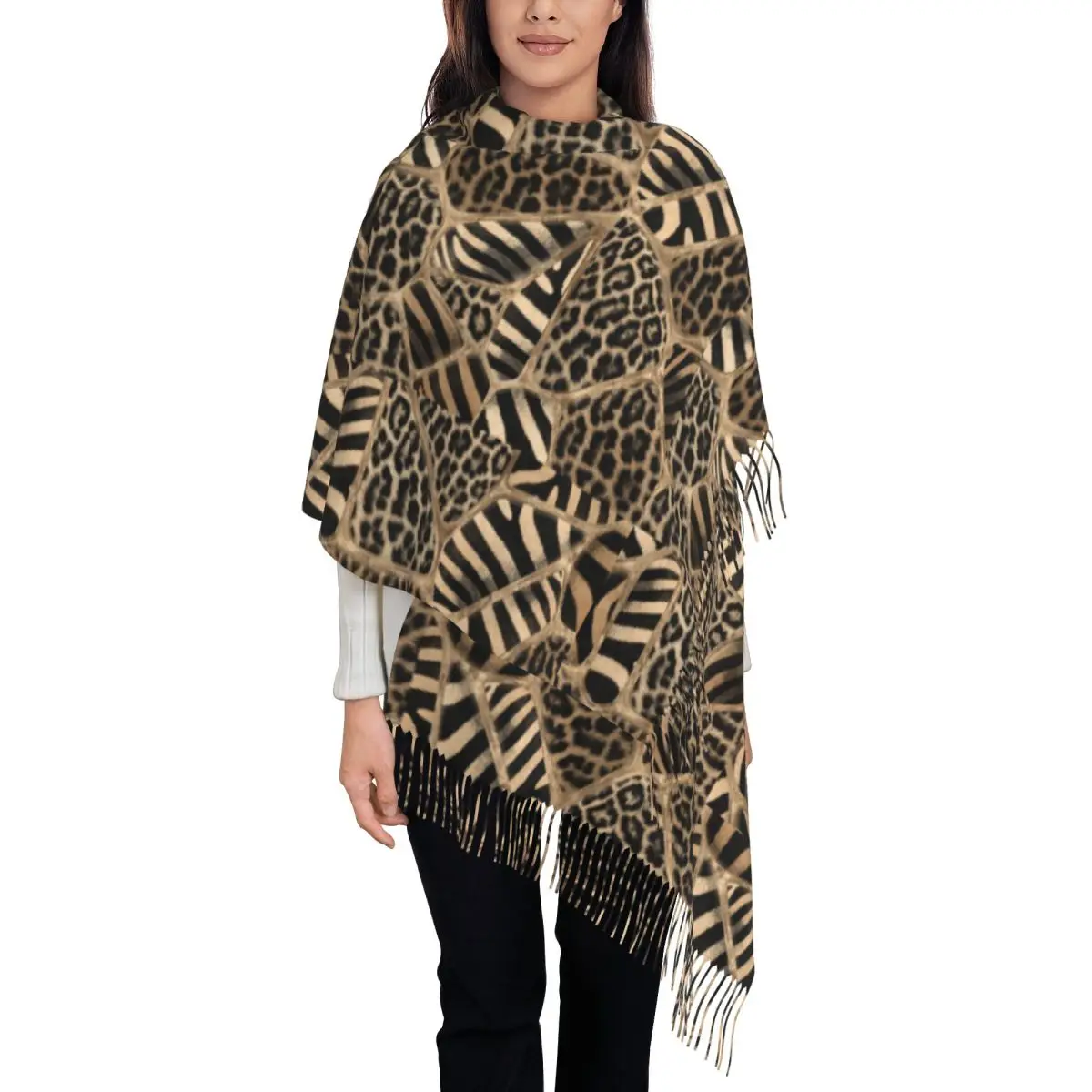 

Stylish Leopard Tribal Geometric Ornaments Tassel Scarf Women Winter Fall Warm Shawl Wrap Ladies Animal Leather Texture Scarves