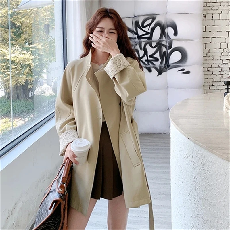 

Khaki Windbreaker Jackets Women's Lace Stitching Cuffs Shallow Trench Coat Mid-Length Spring Autumn Slim Belt Casual Outwear New