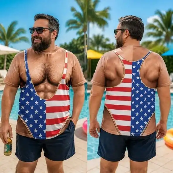 Fun Quirky New T-shirt Featuring  Printed Chest Muscle Design  3D American Flag Pattern An Optical Illusion Nude-look Party Top