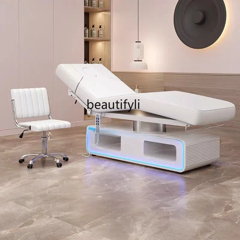 Beauty salon massage massage treatment bed electric lift beauty bed with hole pattern embroidery body ear bed