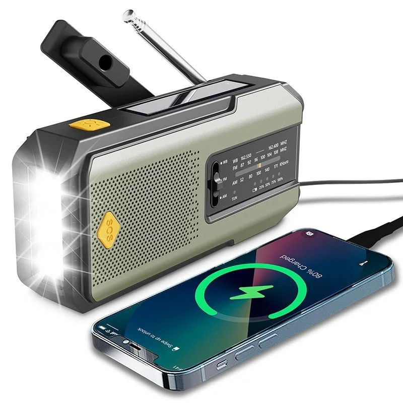

Portable IPX3 Waterproof FM AM Radio with LED Flashlight Solar & Hand Crank Charging for Outdoor Emergency Use