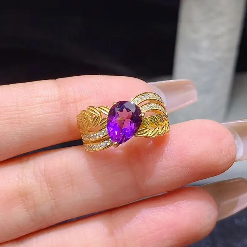 

925 Silver Amethyst Ring 7mm*9mm water drop Natural Amethyst Silver Ring with Certificate 18K Gold Plated Gemstone Jewelry