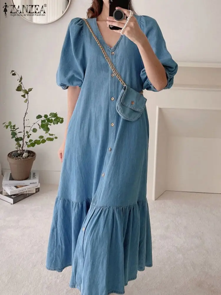 

Fashion Retro Women Dress ZANZEA Summer Puff Sleeve Maxi Vestidos Casual Solid Denim Blue Baggy Sundress Oversized Robes Longue