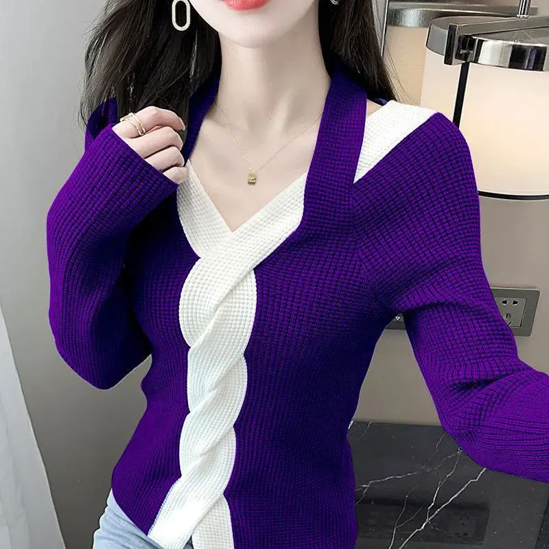 Contrast Color Twist Sexy Hollow Halter Chic Knitwear Women\'s Autumn Winter Casual Slim Long Sleeve Pullover Top Knitted Sweater