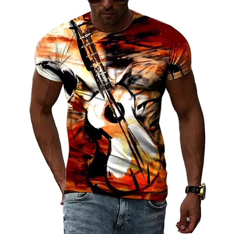 Men Guitar Tiger Abstract Print Crew Neck Short Sleeve Tee Multi Style Music Tops