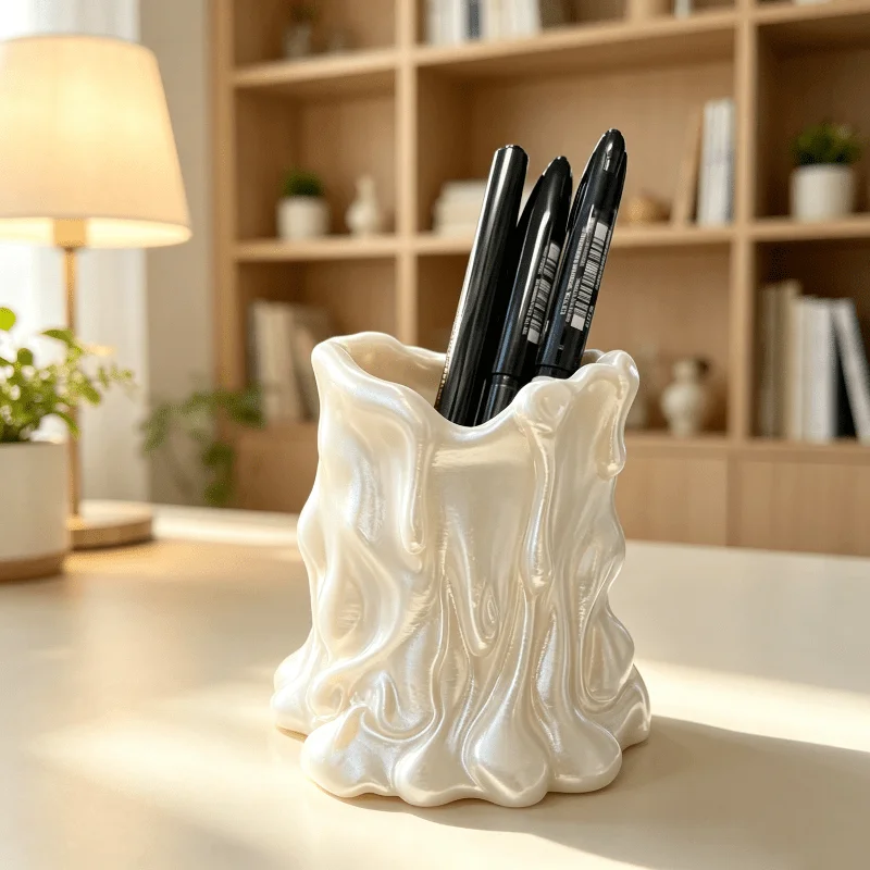 3D Printed Pearl Melting Pen Holder Fluid Wave Storage Cup Creative Desktop Organizer Makeup Brush Vase Office Aesthetic Decor