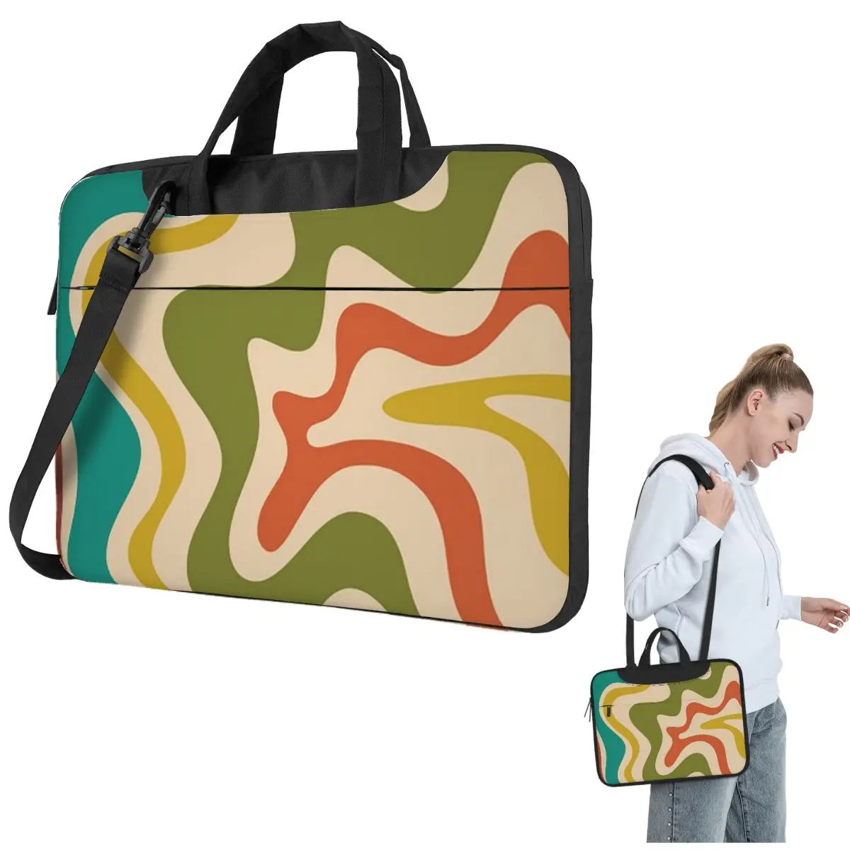 

Жидкий вихревой ретро-абстракт в модных цветах середины века, сумка через плечо для ноутбука, сумка для компьютера, устойчивая защитная сумка для ноутбука