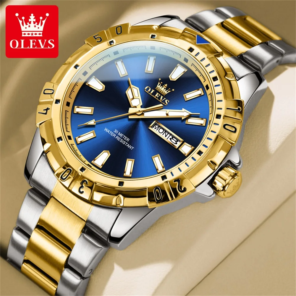 OLEVS 5560 Gold Blue Luminous Flame Design Men\'s Watches Stainless steel Strap Luxury Brand Diving Series Quartz Watch for Men