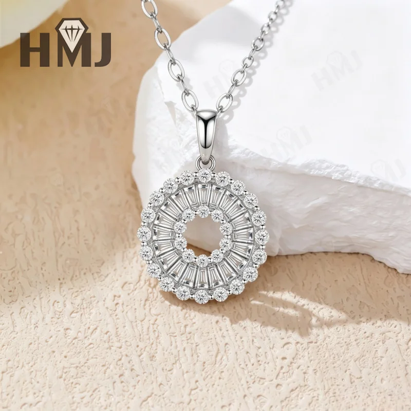 925 Sterling Silber Halskette mit Kreisanhänger, Trapezförmig Geschnittener Moissanit, Hohler Kreis, Edle Schmuckstücke, Geburtstagsgeschenk für Frauen, Charms – Detail 8
