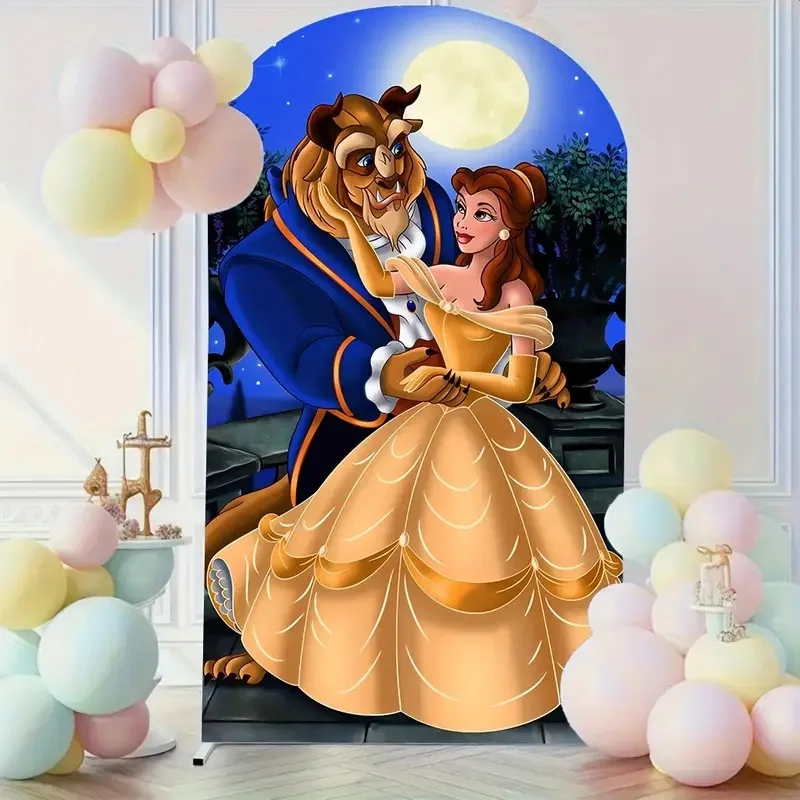 لافتة خلفية على شكل قوس للأميرة من Beauty and The Beast لأعياد ميلاد الفتاة #3