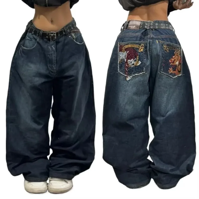 Pantalones vaqueros holgados con patrón bordado de Hip-hop Retro para hombres y mujeres, Pantalones anchos góticos Y2K Harajuku, ropa de calle, nueva tendencia americana, 2024