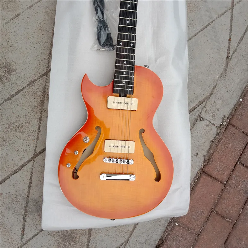 Left and Right Handed Semi Hollow Electric Guitar,Orange Flame Maple Top, Mahogany Body, Rosewood Fingerboard, BJ-117 450