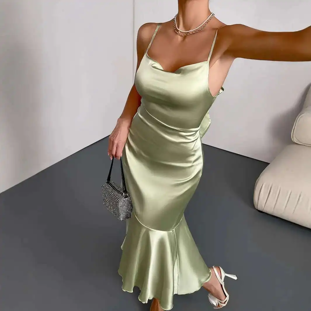 2025 Ruffled Satin Dress for Women's New Light Luxury Niche New French Fishtail Dress Woman 2025 Summer Dress Robe Vestido Women