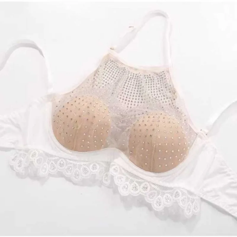 

Summer thin neck beautiful back small chest gathering underwear Internet celebrity rhinestone mesh bra