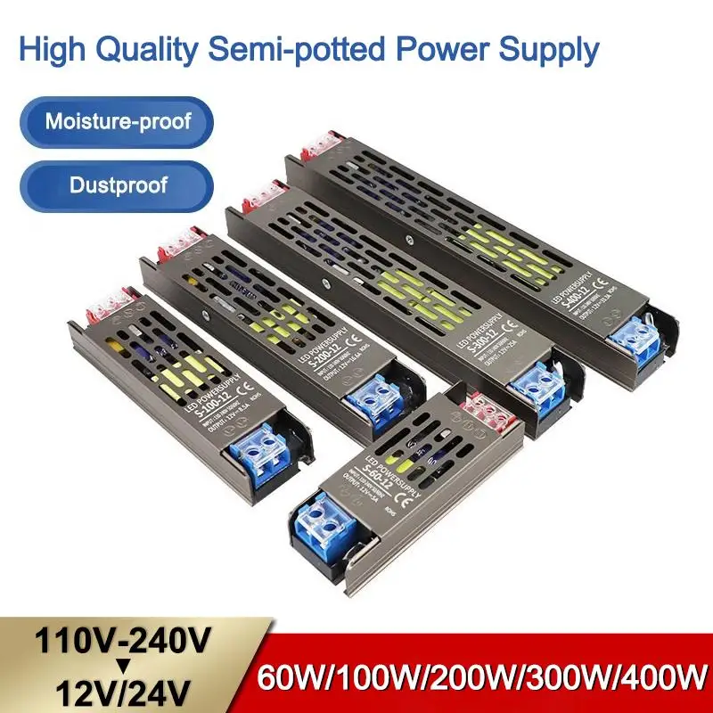 

Silent Slim Semi-potted 100W/200W/300W/400W Power Supply 12v 24v Transformer LED Driver For LED Light Strip Lighting