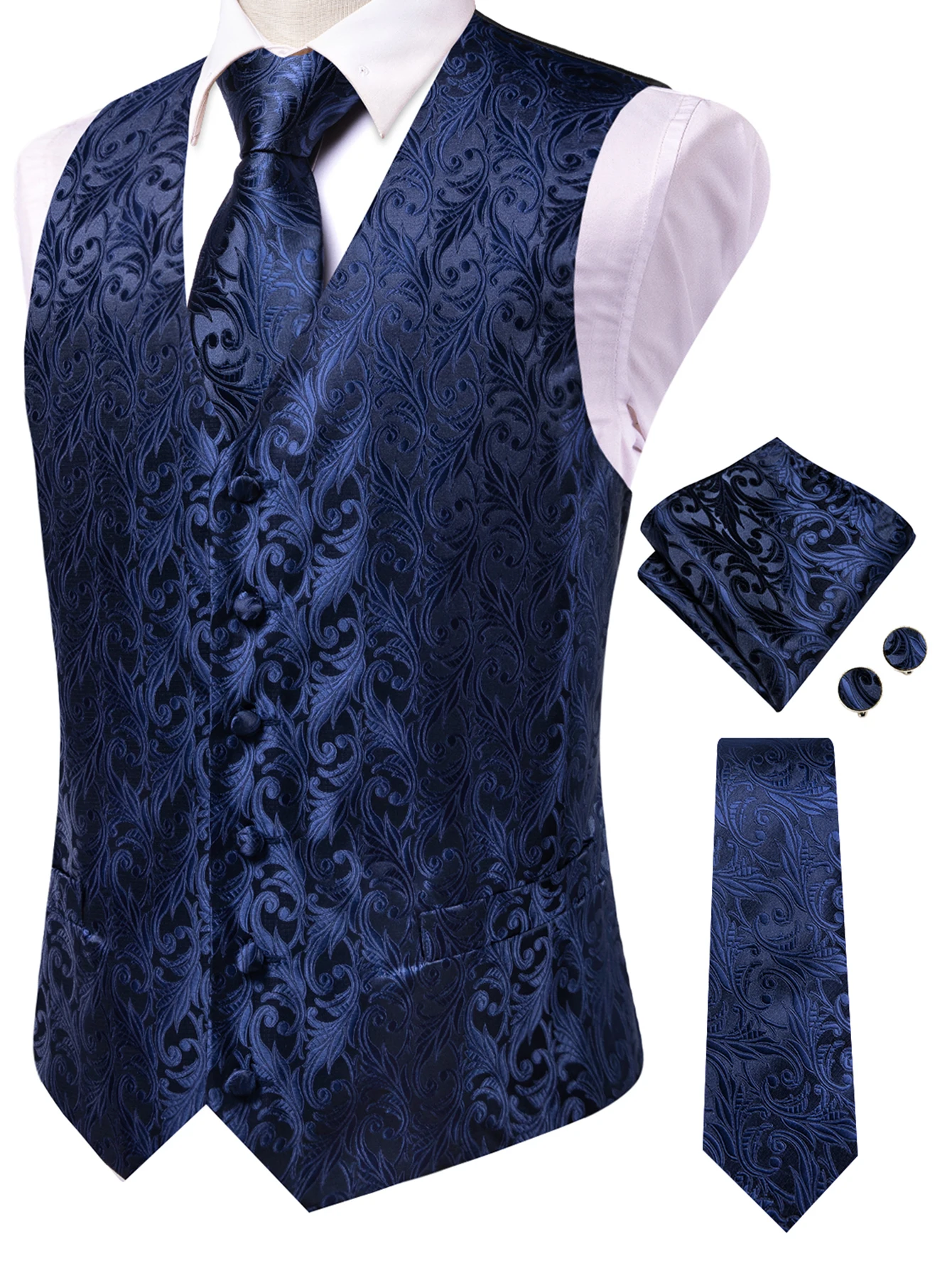 Herren Orange Blau Schwarz Tropische Pflanzen Jacquard Anzugweste Taschentuch Manschettenknöpfe 4-teiliges Set für Hochzeitszeremonien – Detail 3